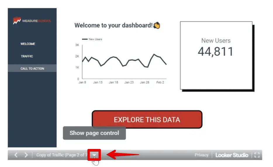 Showing the page control for the embedded dashboard