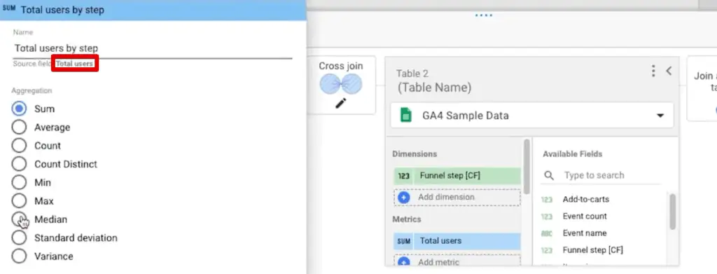 Source field for the total users by step metric