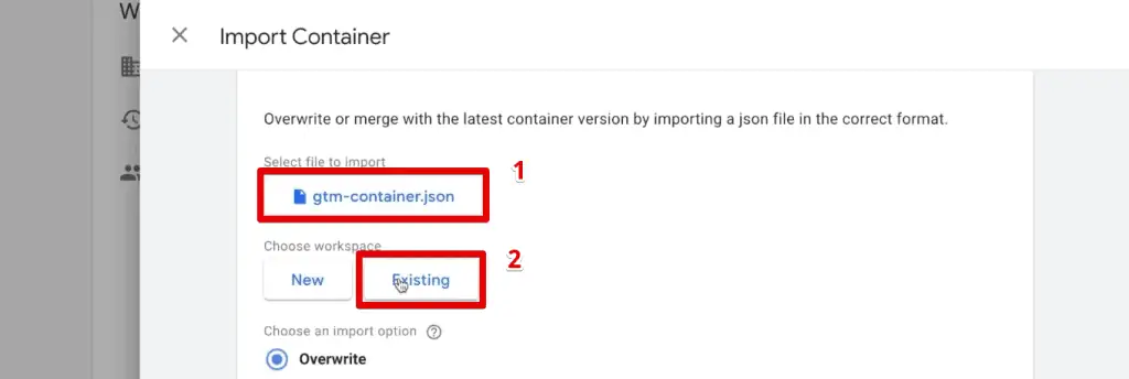 Specifying the GTM container file and workspace to copy to