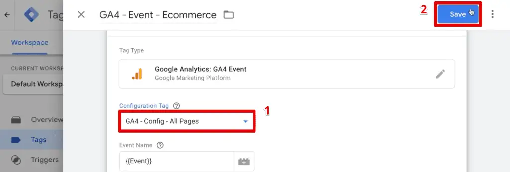 Specifying the configuration tag for the GA4 event tag