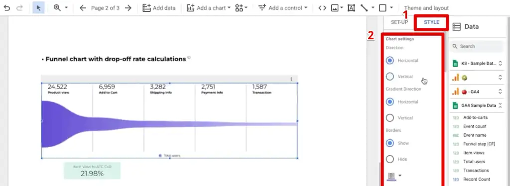 Style chart settings for the funnel graph