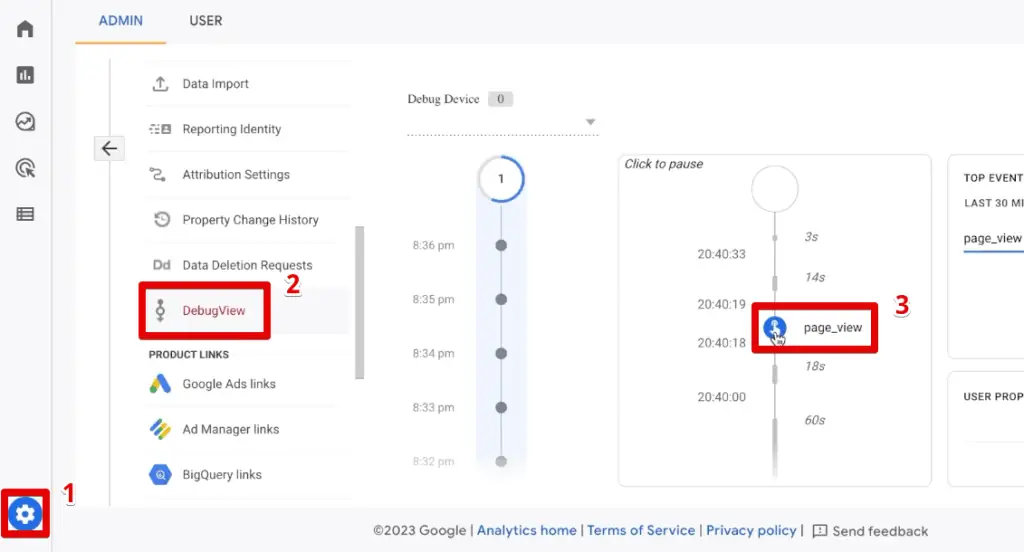 The page view event in the DebugView
