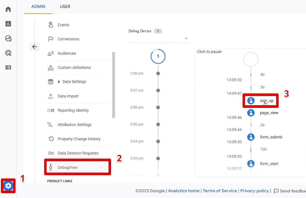 The sign_up event in the GA4 DebugView