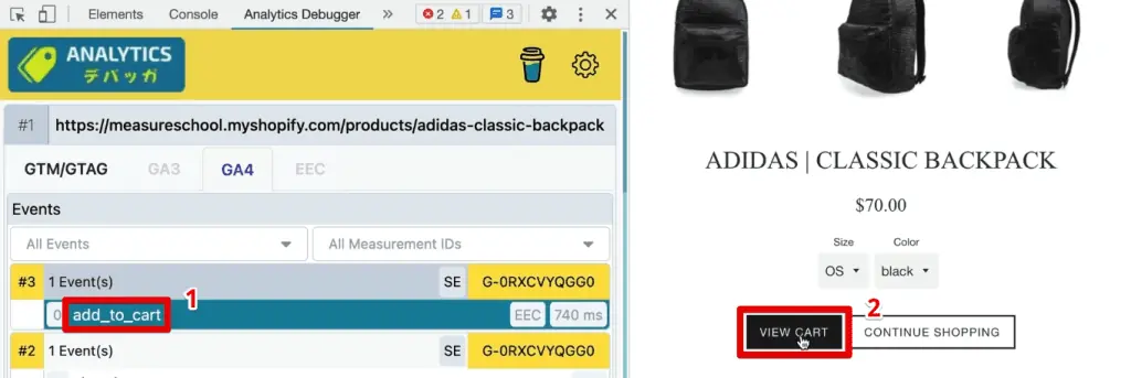 Add_to_cart event detected and viewing the cart
