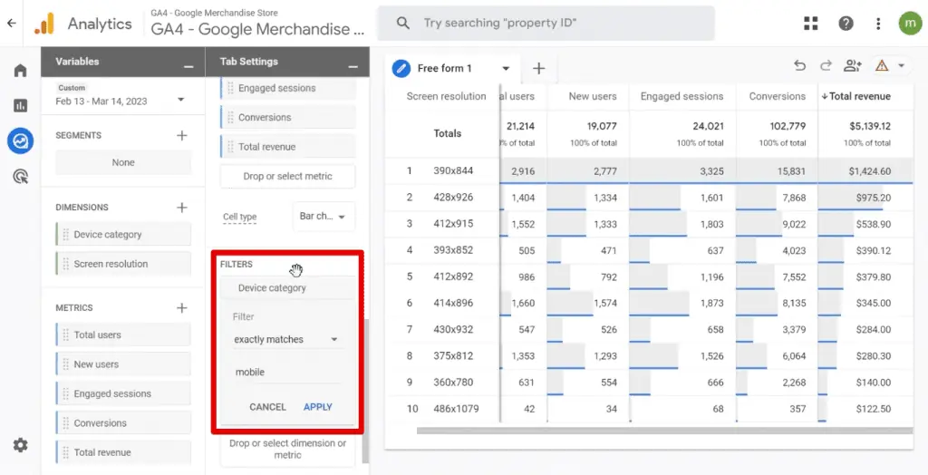 Adding a filter to the exploration report