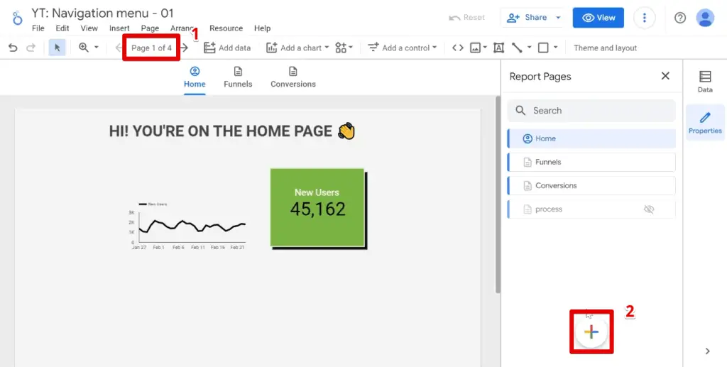 Adding pages in the report pages section