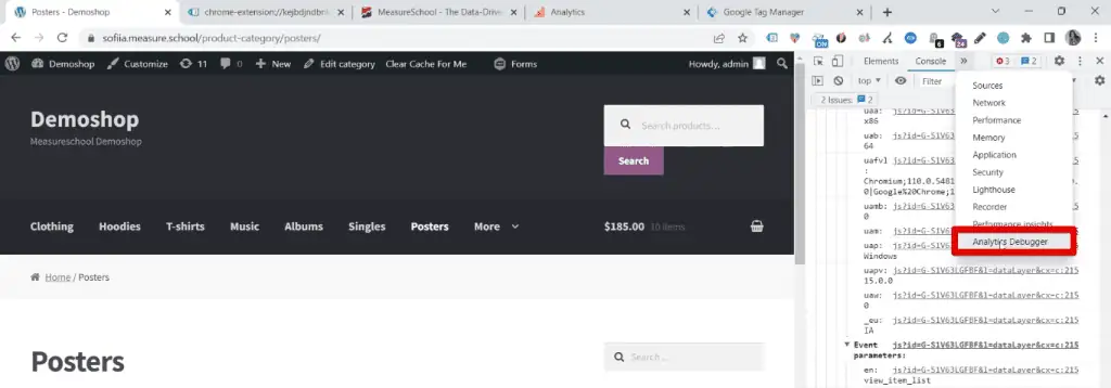 Analytics debugger tab in the Chrome developer tools