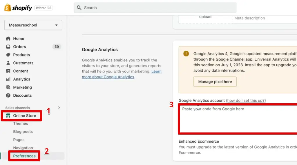 Connecting UA from the online store preferences