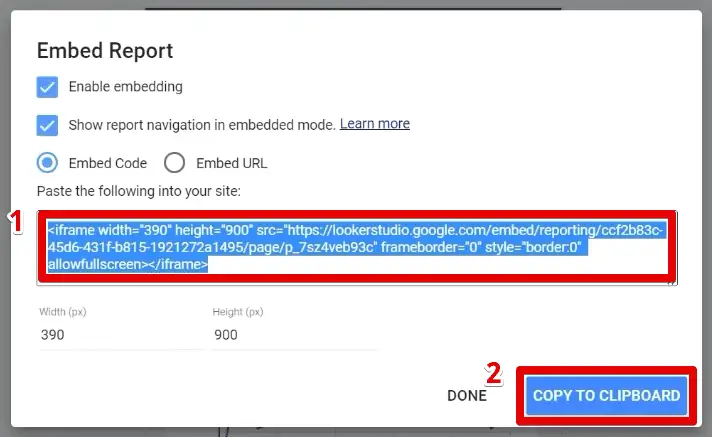 Copying the code to embed the report