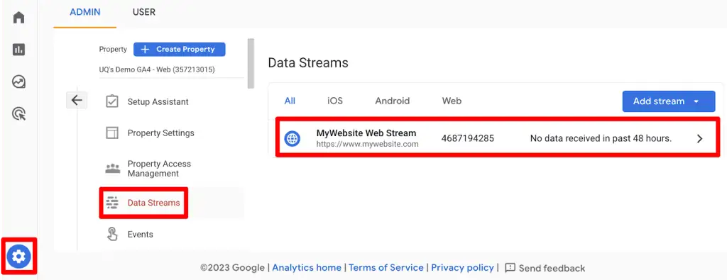Data streams in GA4 admin settings