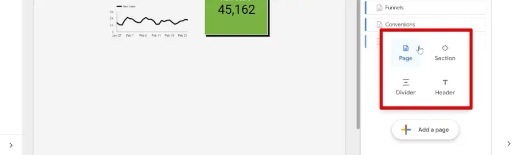 Element options to add to the report pages