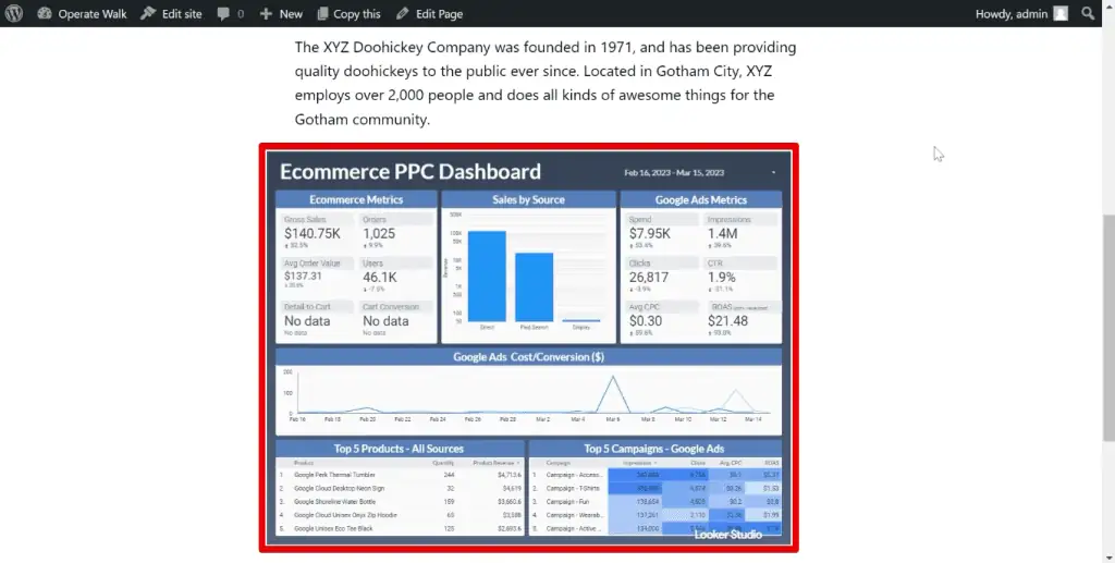 Embedded desktop report on the website
