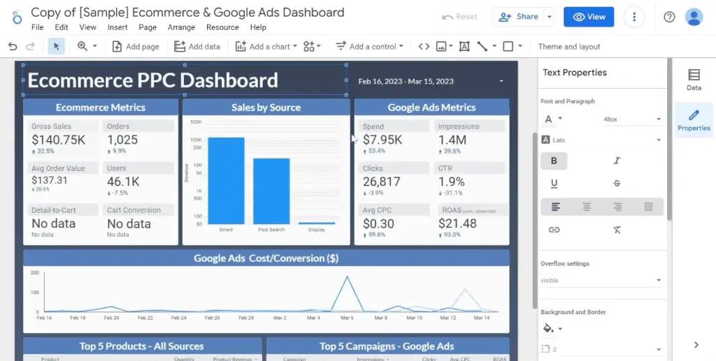 Example dashboard for desktop