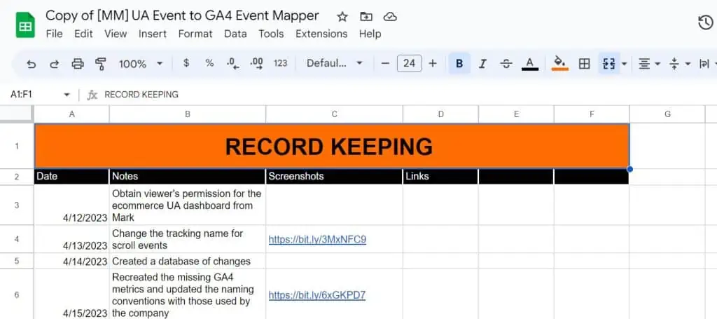 Example of recordkeeping for dashboard migration