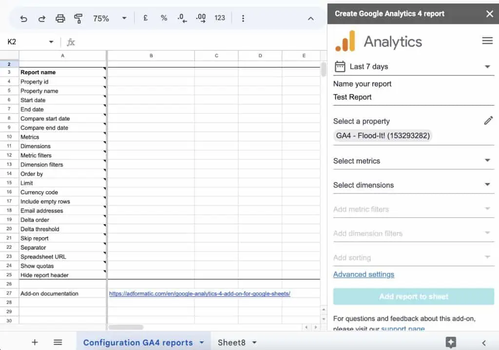 GA4 - Reporting for Google Analytics 4 add-on setup interface