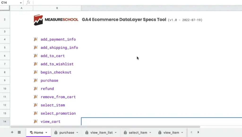 GA4 eCommerce DataLayer Specs Tool
