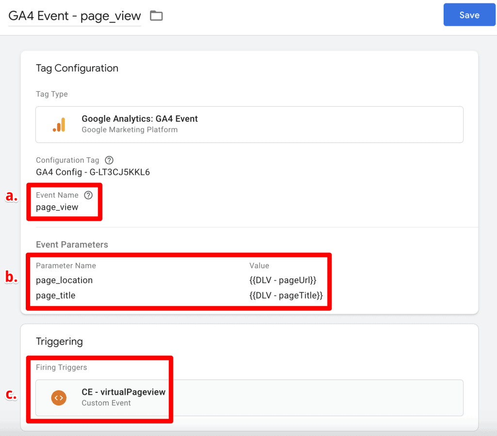 GA4 event tag for virtual page view event with page location and page title as event parameters