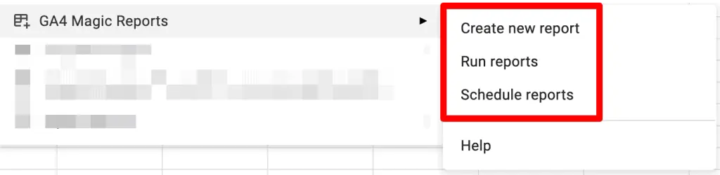 GA4 magic reports add-on with reporting options under extensions