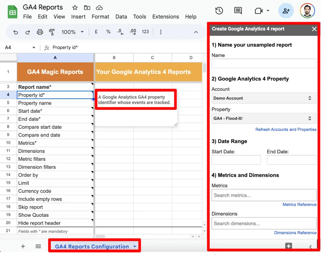 GA4 magic reports setup interface