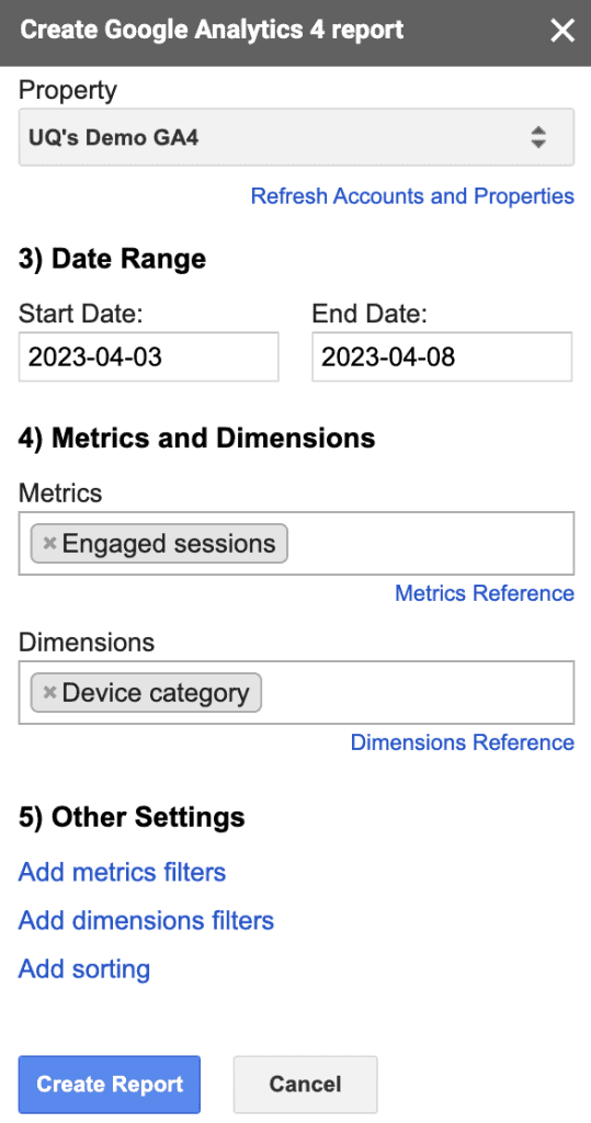 GA4 magic reports setup interface with other settings