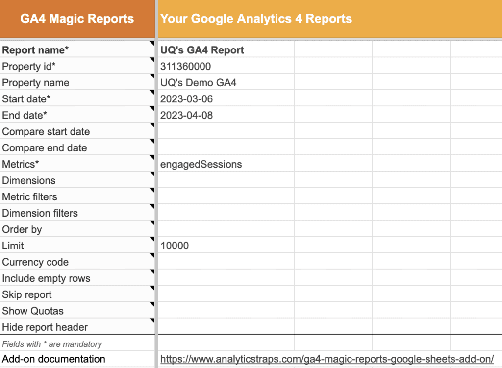 GA4 reports configuration sheet with settings from the sidebar