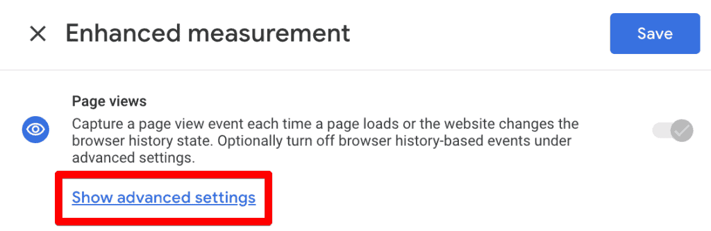 GA4’s Enhanced measurement page views with advanced settings hidden