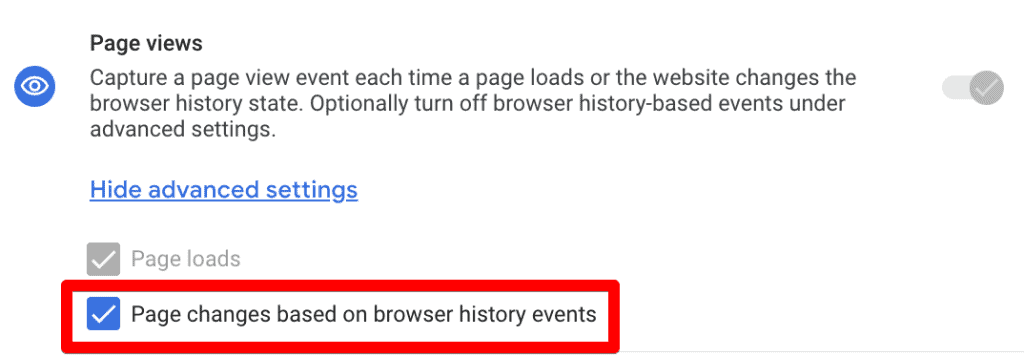 GA4’s Enhanced measurement page views with advanced settings shown