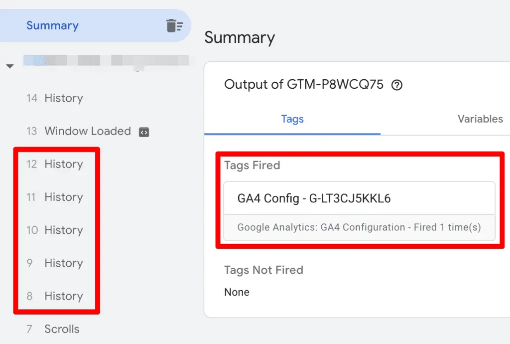 GTM preview mode screenshot showing history change events