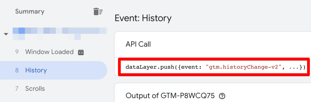 GTM preview mode showing history change event