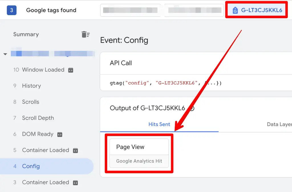 GTM preview mode showing page view event sent to GA4