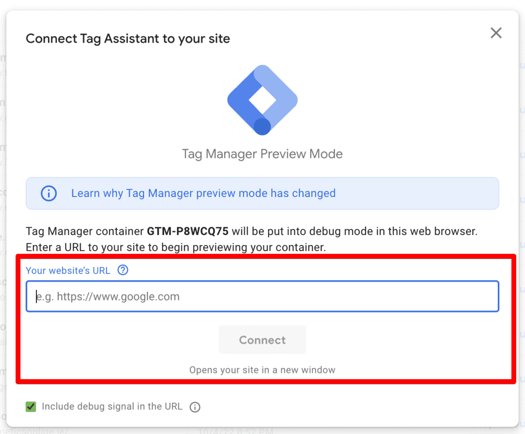 GTM preview mode website URL interface