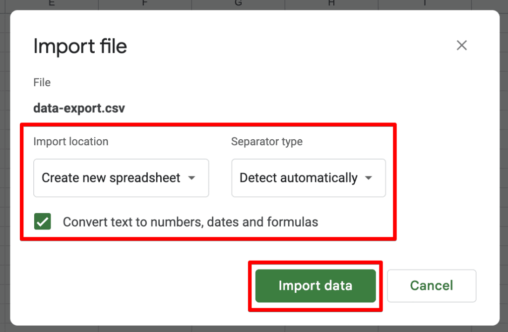 Google Sheets import file feature and settings