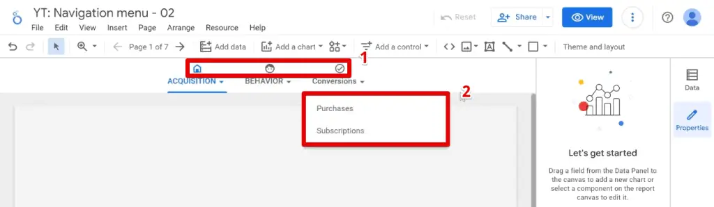 Icons and drop-down menus in the navigation bar