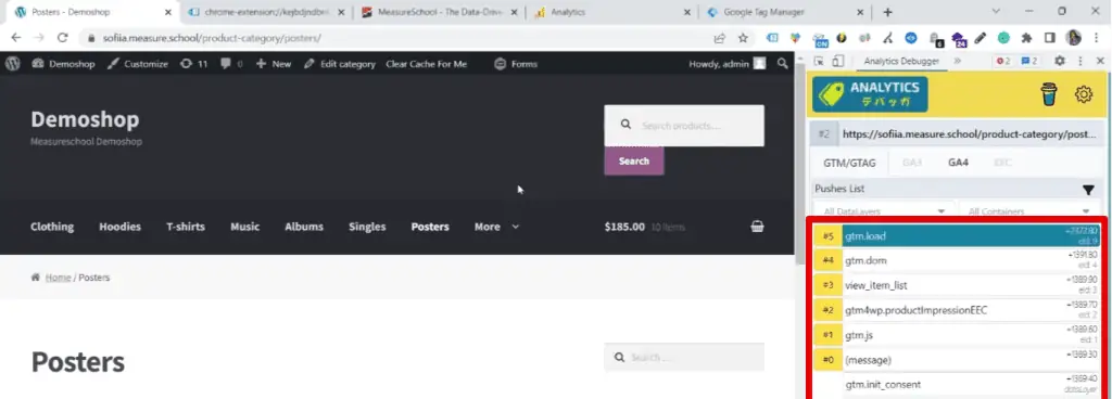 List of data layer pushes detected by the GTM/GA debugger extension