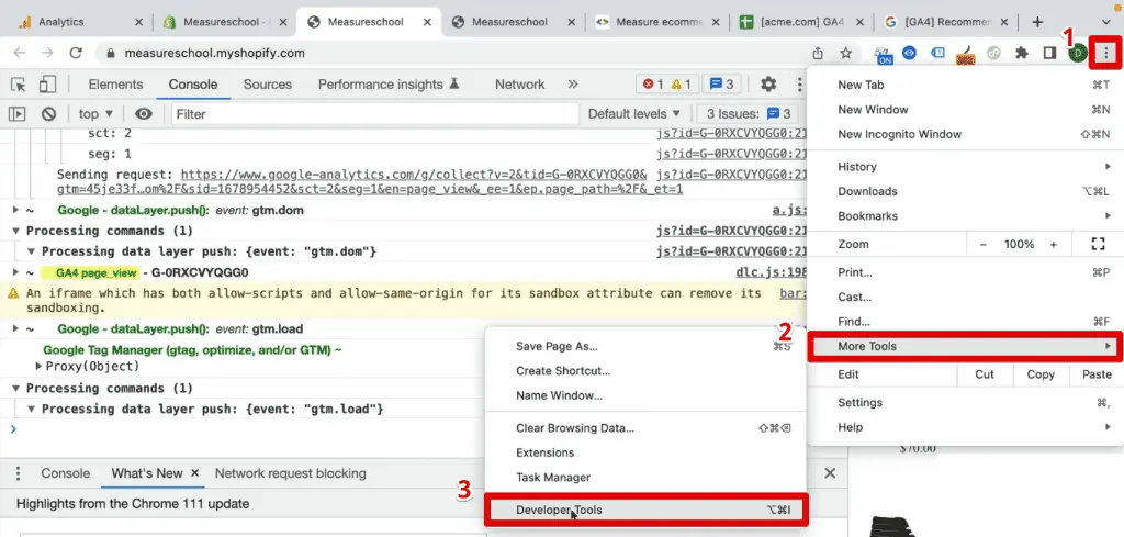 Opening the Chrome developer tools