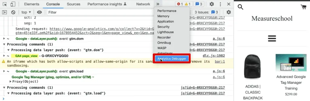 Opening the GTM/GA Debugger extension