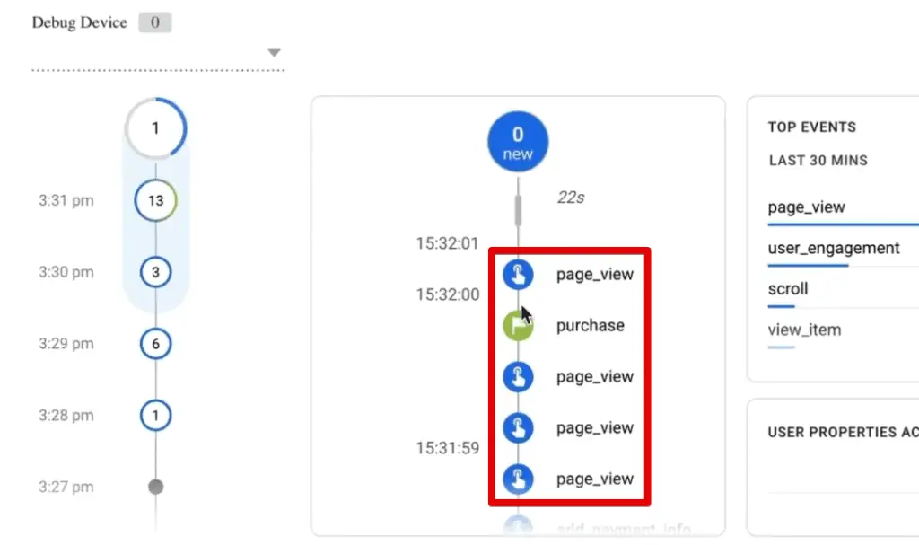 Purchase and page_view events in the GA4 DebugView