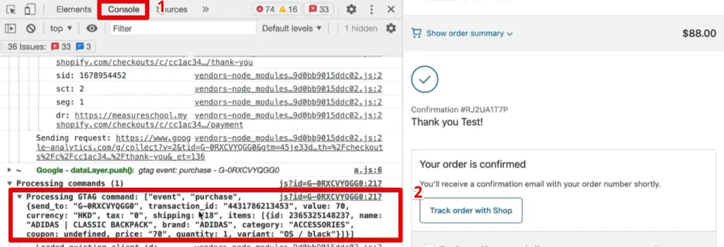 Purchase event detected by the Google Analytics Debugger extension
