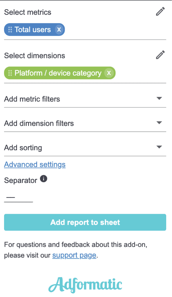 Reporting for Google Analytics 4 add-on with chosen settings