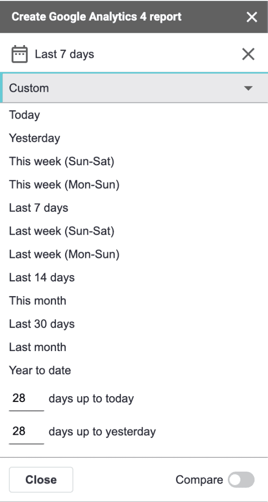 Reporting for Google Analytics 4 add-on with date options