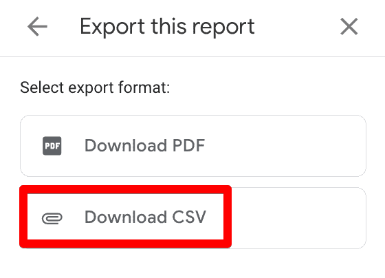 Screenshot of GA4’s export this report options to download as PDF or CSV
