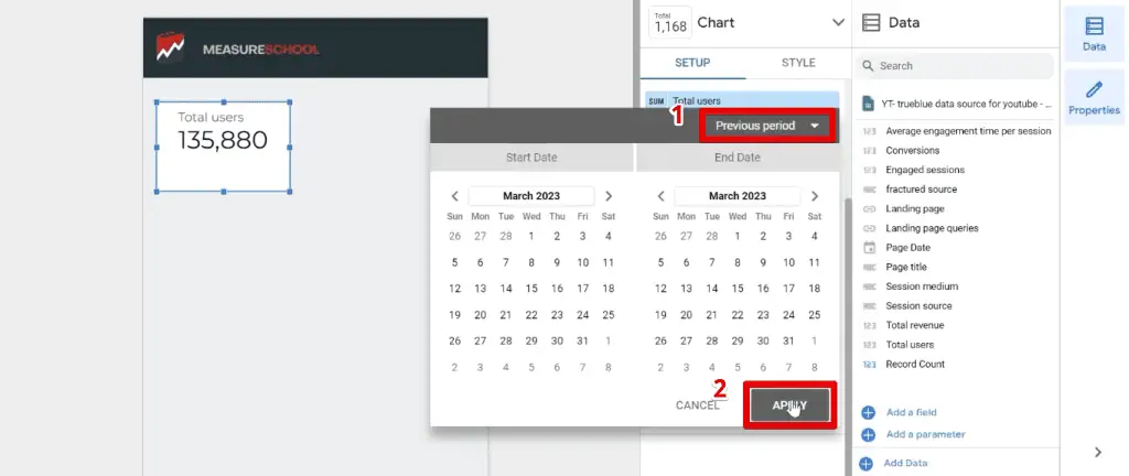 Selecting the previous period for the comparison date range