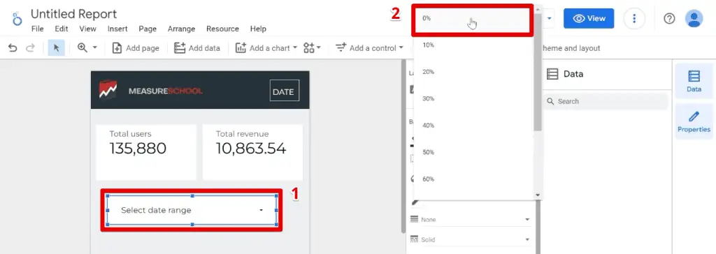 Setting the date range control opacity to 0%