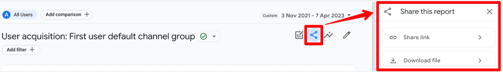 Share icon in GA4 opening share this report sidebar