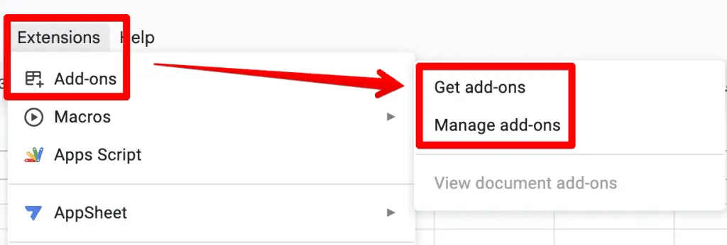 Sheets add-ons options under extensions menu