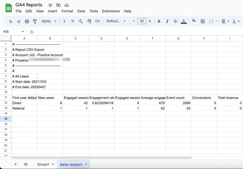 Sheets screenshot of GA4 data import