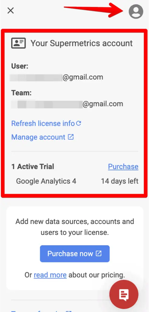 Supermetrics account info in the sidebar