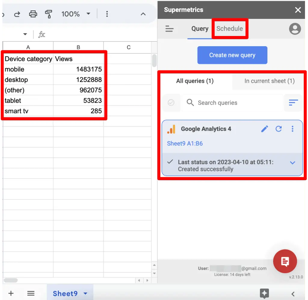 Supermetrics exported data and sidebar