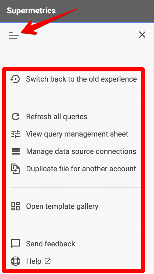 Supermetrics extra settings with template gallery