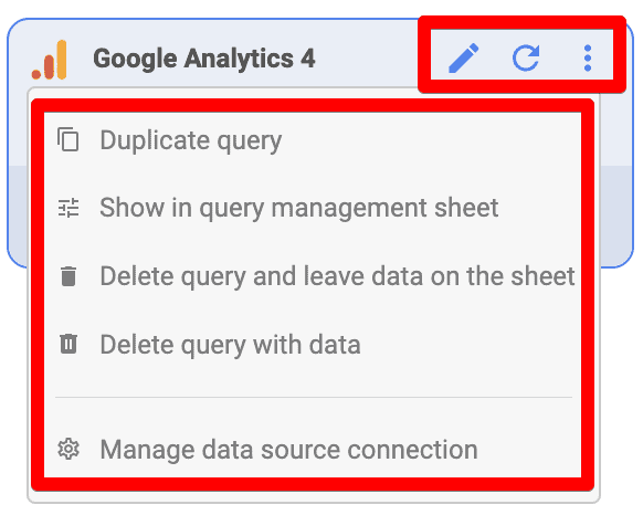 Supermetrics query edit, refresh, duplicate, and delete options